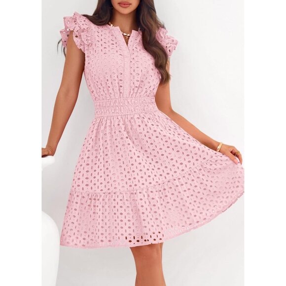 Women's Pink V Neck Eyelet Cap Sleeve Summer Beach Vacation Sundresseses - Picture 5 of 8